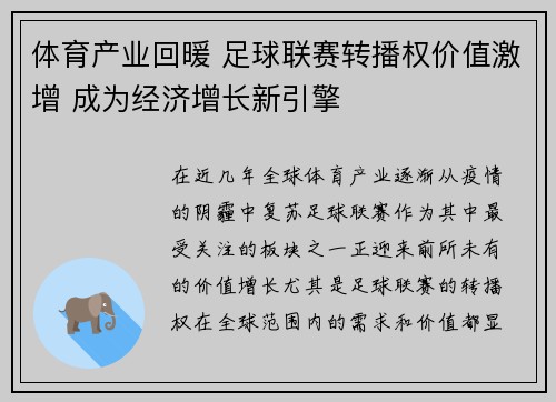 体育产业回暖 足球联赛转播权价值激增 成为经济增长新引擎